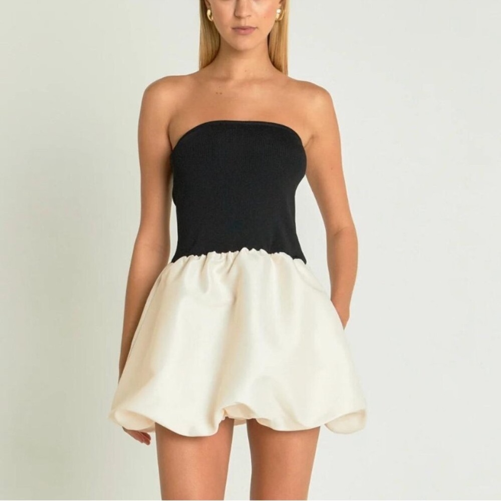 Endless rose, balloon, bubble strapless cream, and black party dress NWT